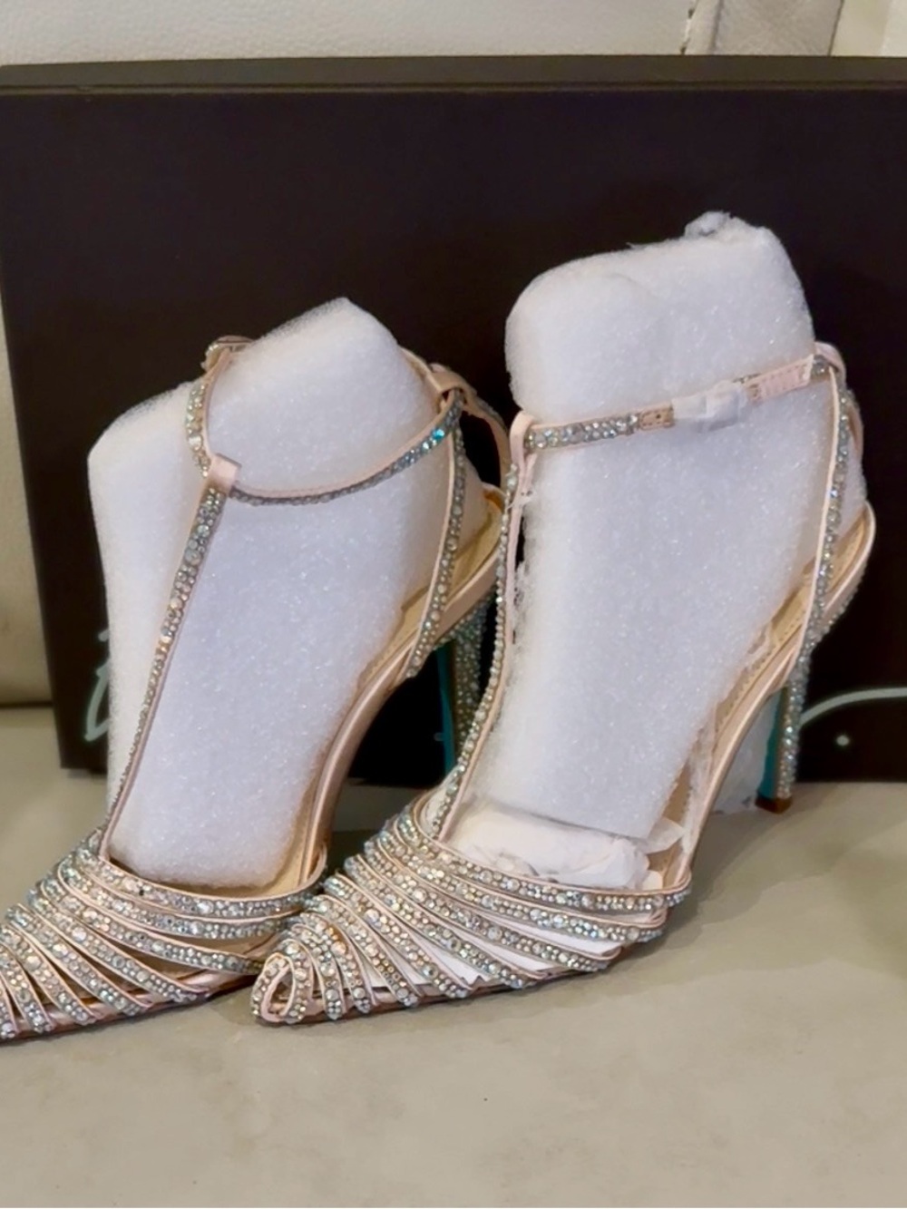 BETSEY JOHNSON Champagne Ankle Strap High Heel Sandals Approx 4 in heel. Size 7